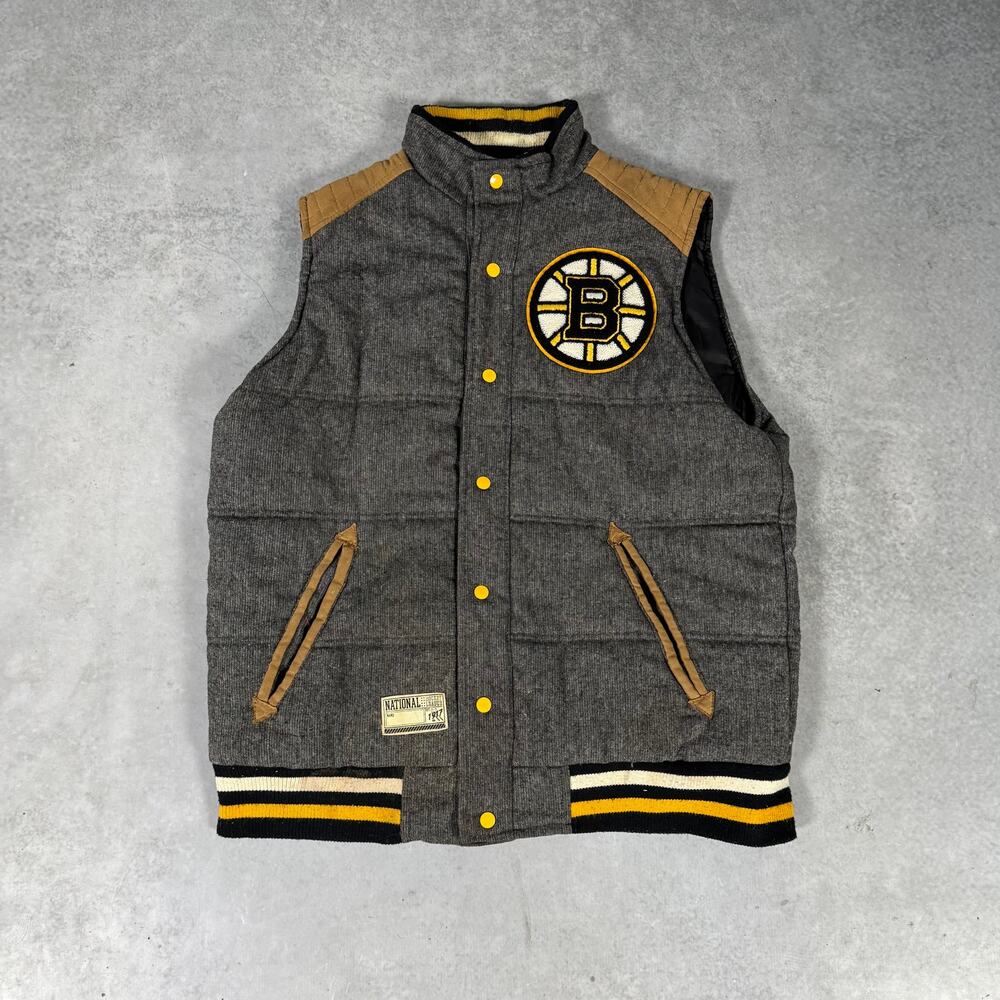 NHL Boston Bruins Quilted Wool Blend Puffer Vest Grey Snap Button Mens - Size: M